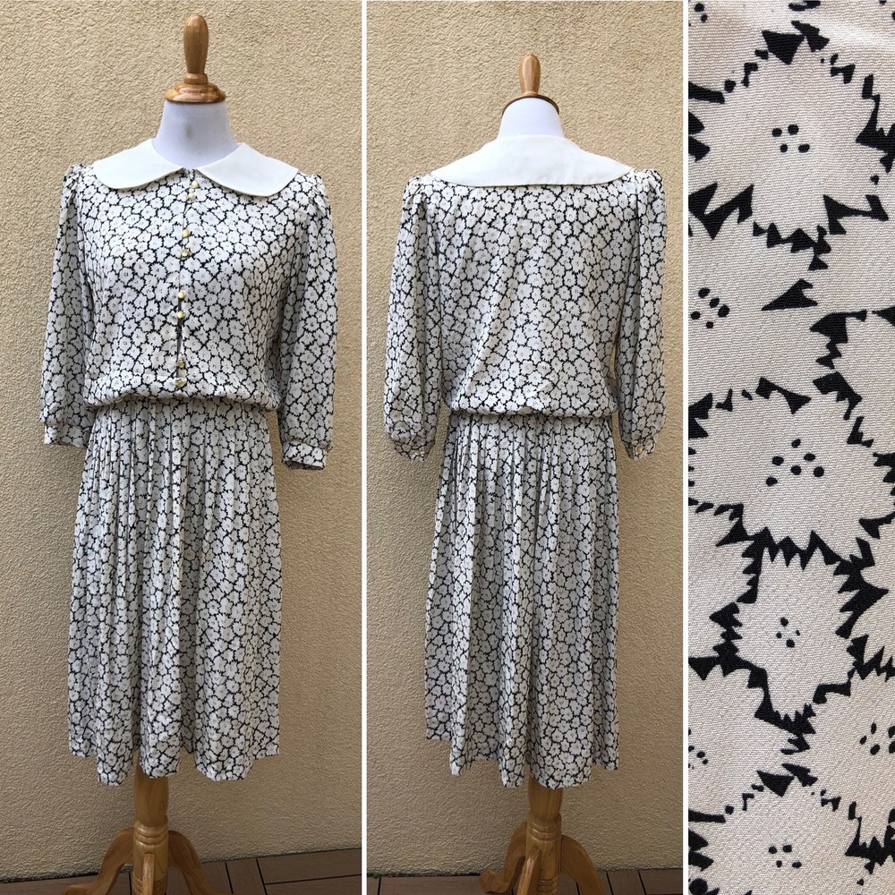 John's girl petite black white floral dresslarge white round collar long sleeve
